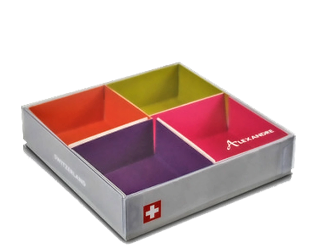 Conception Custom de ces compartiments intérieurs en carton rigide colorés et contrecollé à cette boîte cloche personnalisée + Couvercle avec Transparence PET.