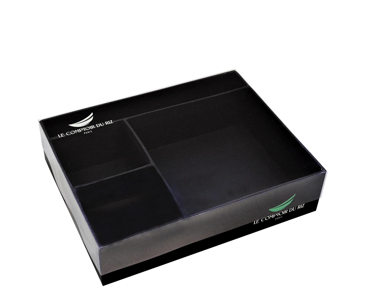 Fabrication Sur-Mesure de compartiments intérieurs en carton rigide recyclé et intégré à cette boîte personnalisée en 2 parties avec Couvercle Transparent.