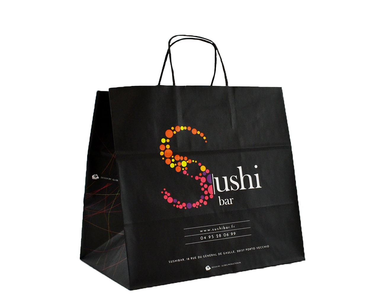 Conception sur-mesure de ce sac kraft personnalisé pour restaurant japonais/sushis par Packaging Paris en impression extérieure quadri et poignées torsadées.