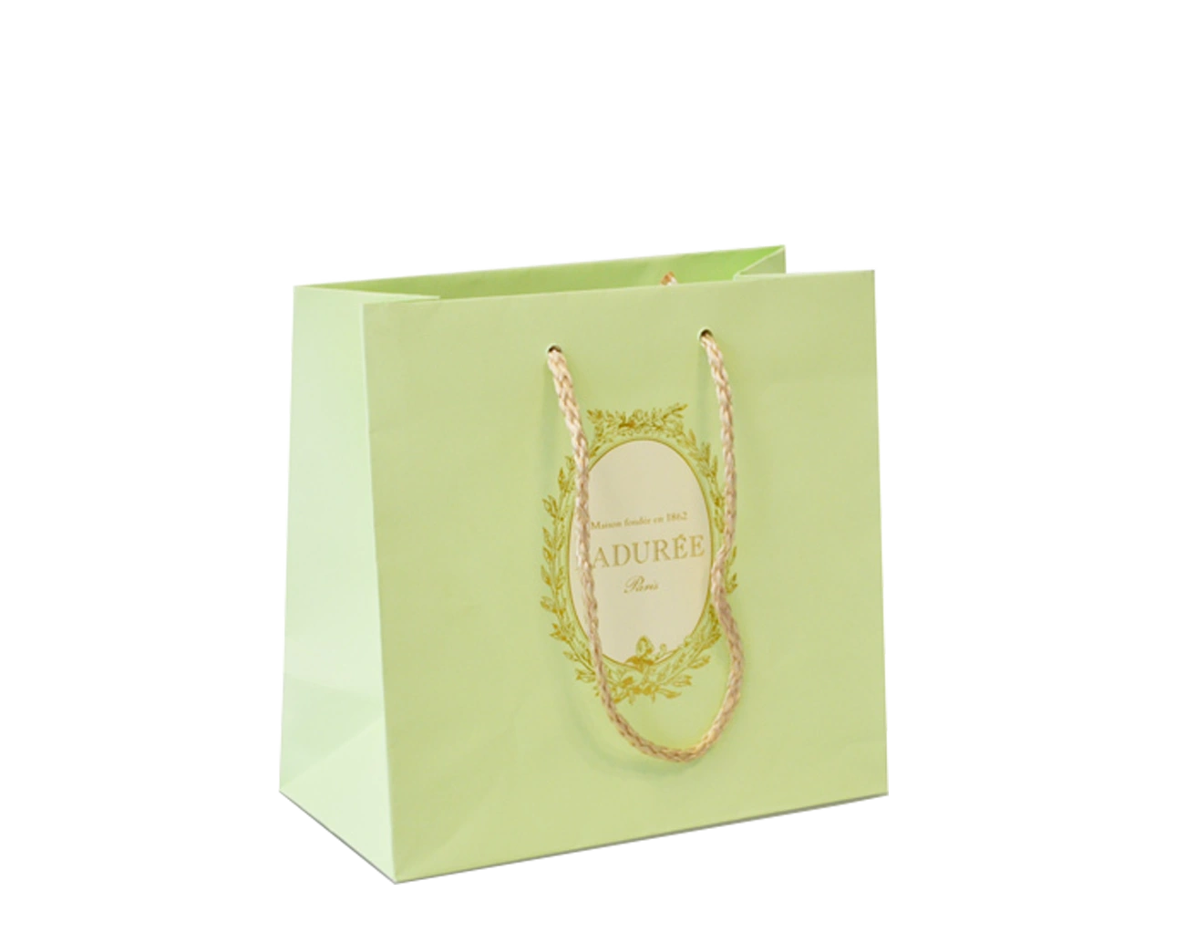 Sac Luxe Personnalisé pour Pâtisserie. Packaging luxe et raffiné, ce sac sur-mesure est écologique et dispose d'une impression en Dorure Or + poignées tressées.