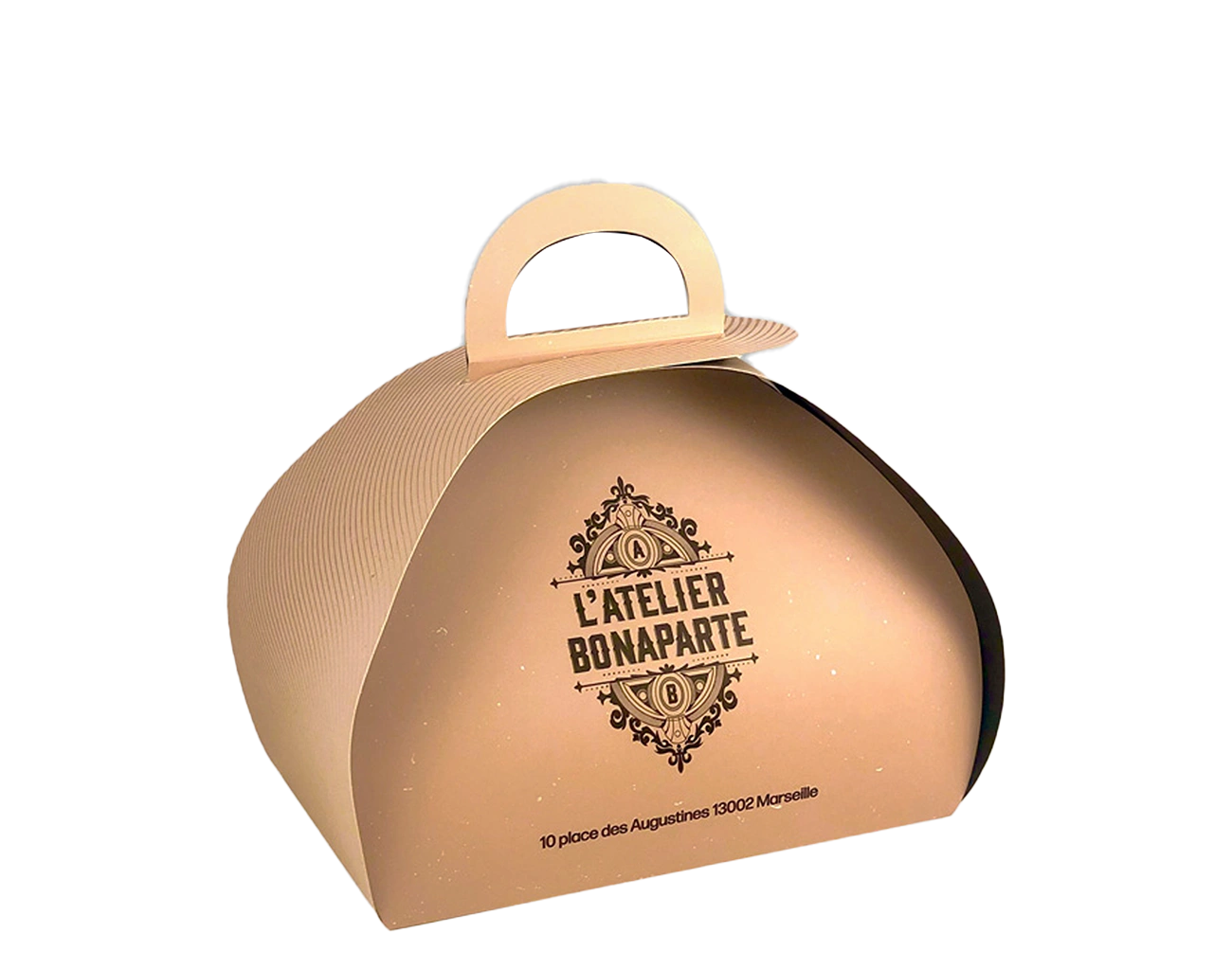 Conception par l'Équipe Packaging Paris de cette Lunchbox Patissière Personnalisée en impression Extérieure 100% & forme de découpe avec poignées et encoche.