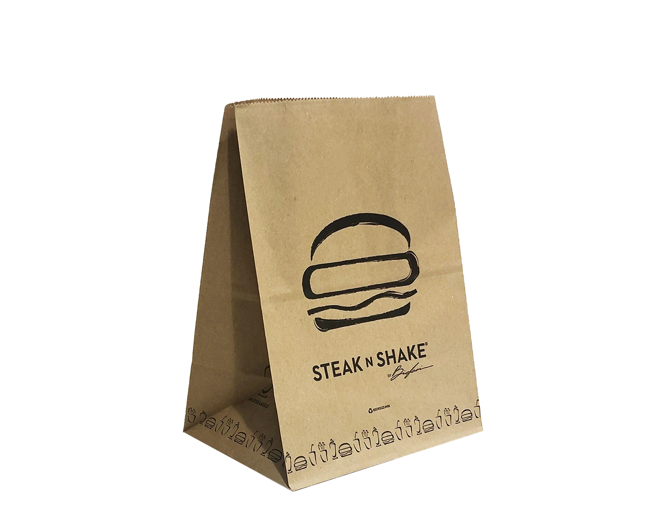 Conception d'un sac kraft sans poignées / SOS Bag personnalisé pour Burger, inspiré du sac à emporter Mc Donald's, par la société d'emballage Packaging Paris.