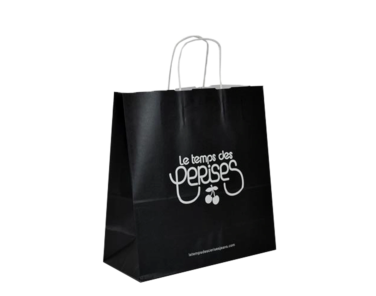 Fabrication sur mesure d'un sac kraft personnalisé pour marque de prêt-à-porter. Packaging chic et pratique, ce sac est en impression 100% + poignées torsadées.