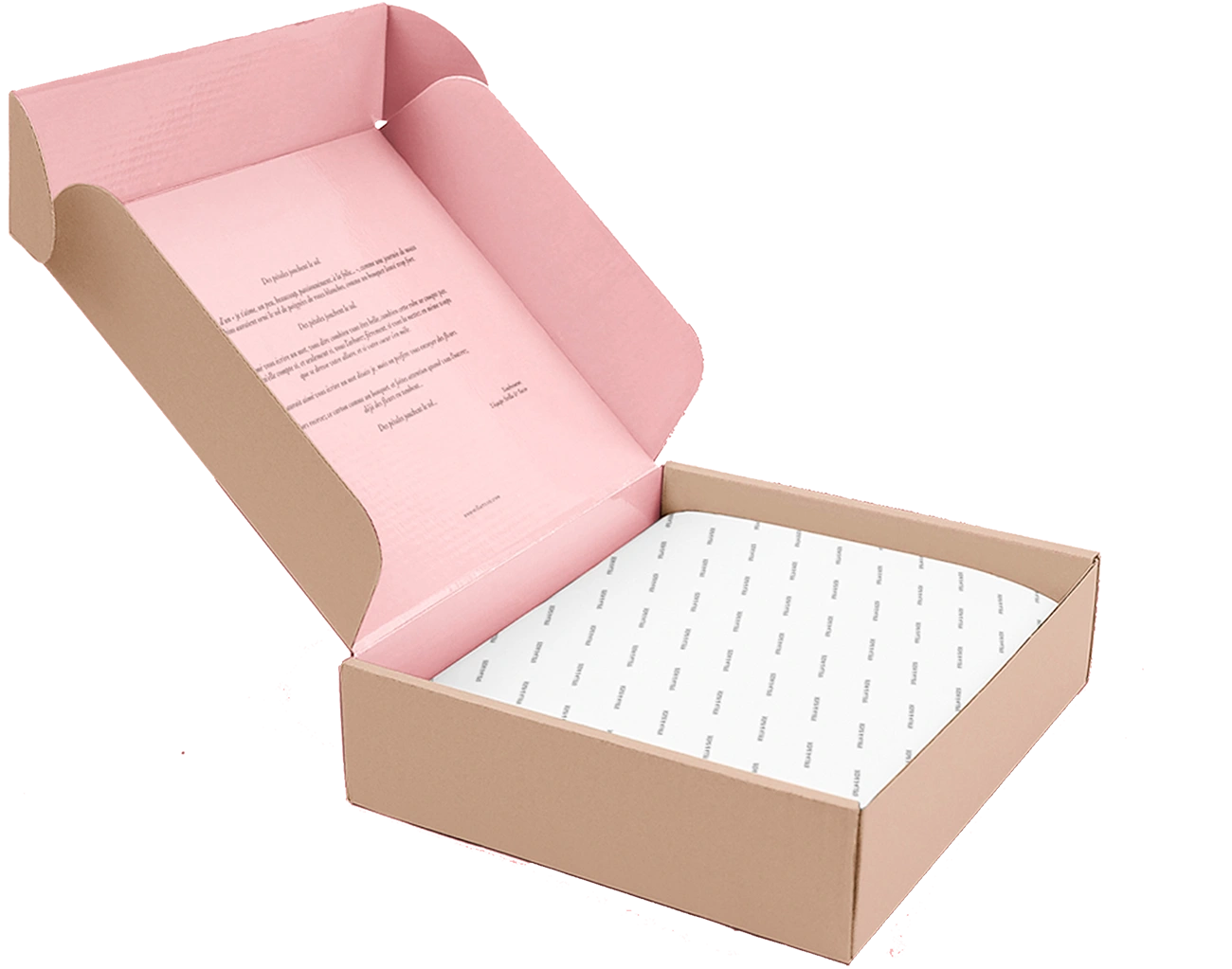 Découvrez cette Boîte E-shop Personnalisée en Impression Intérieure 2 Couleurs en Aplat Total Rose ainsi que son joli Papier de Soie Intégré en Fond de Boîte.