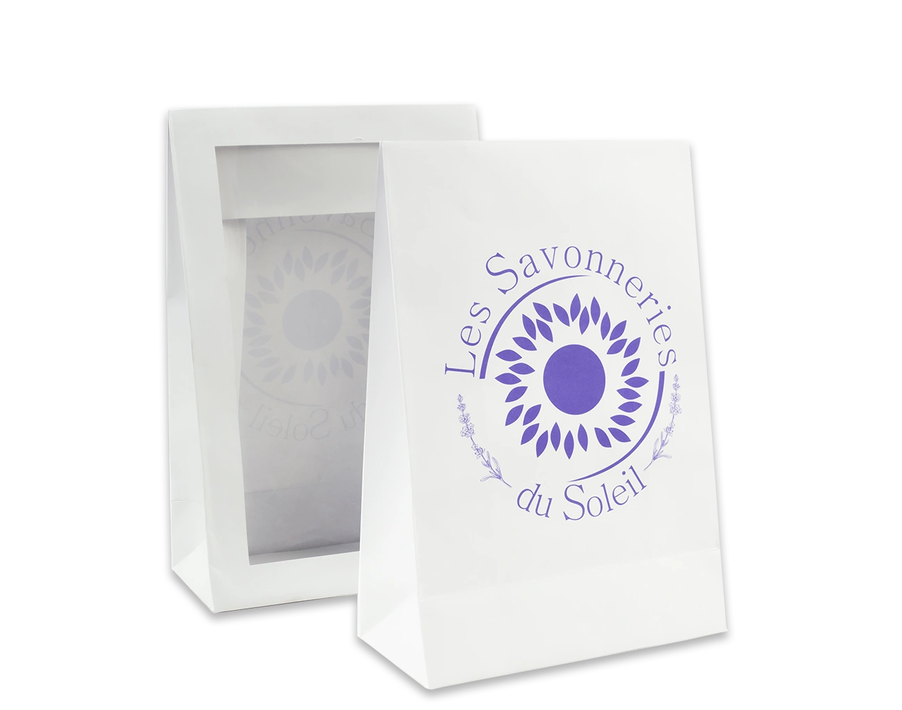 Conception et Personnalisation de cette Pochette Cadeau Sur Mesure pour Savon, composée d'un marquage du Logo en 1 Couleur et de sa fenêtre transparente PET.
