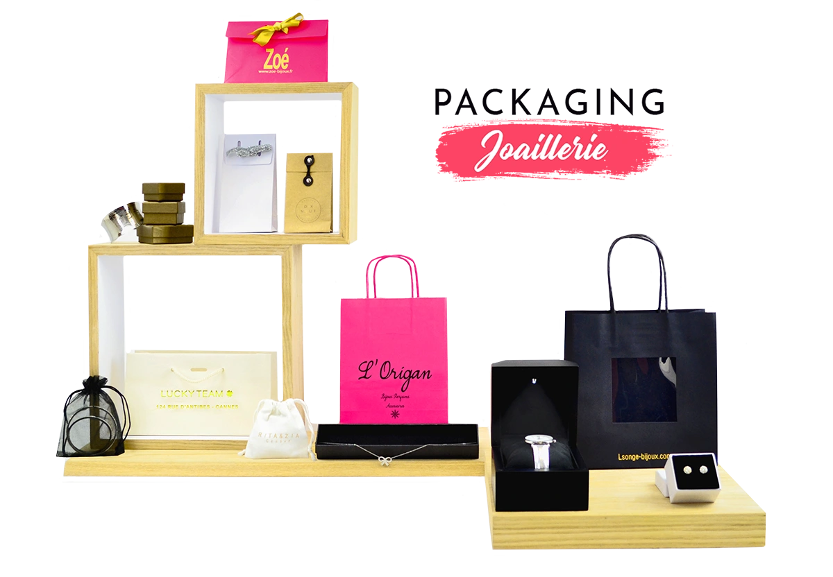 Packaging Paris assure la conception sur mesure de vos sacs, pochettes, boîtes à bijoux, emballages personnalisés, aux couleurs de votre bijouterie.