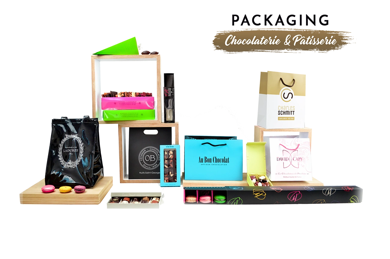 Découvrez nos gammes de packagings personnalisés dans les thématiques Chocolat et Pâtisserie à travers la Conception & Personnalisation de sacs, boîtes luxe...
