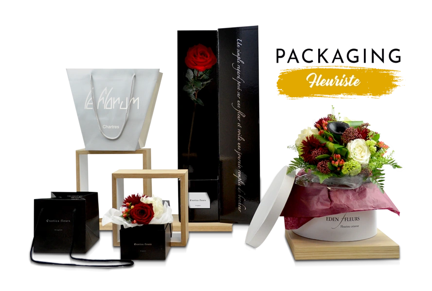Packaging Paris assure la conception sur mesure & la livraison de vos sacs, boîtes, porte-bouquets, emballages personnalisés, aux couleurs de votre boutique.