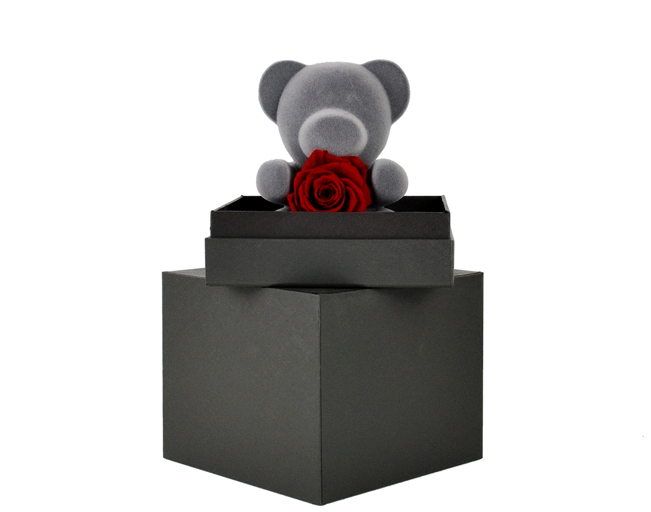 Appréciez cette originale décoration florale à base de roses et sa boîte luxe noire en 2 parties et son marquage logo extérieur en dorure.