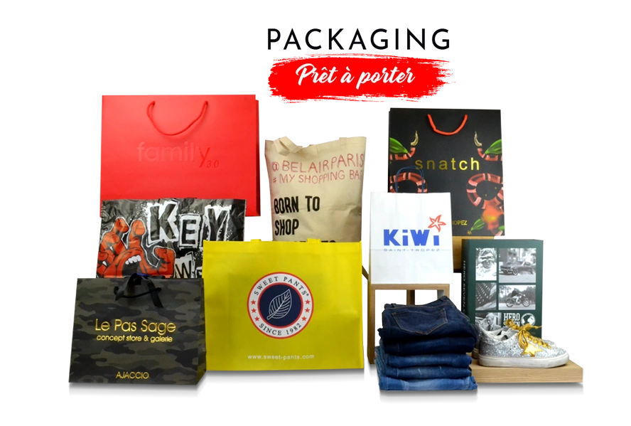 Packaging Paris assure la conception sur mesure & la livraison de vos sacs, boîtes, cartons et emballages personnalisés, aux couleurs de votre boutique textile.